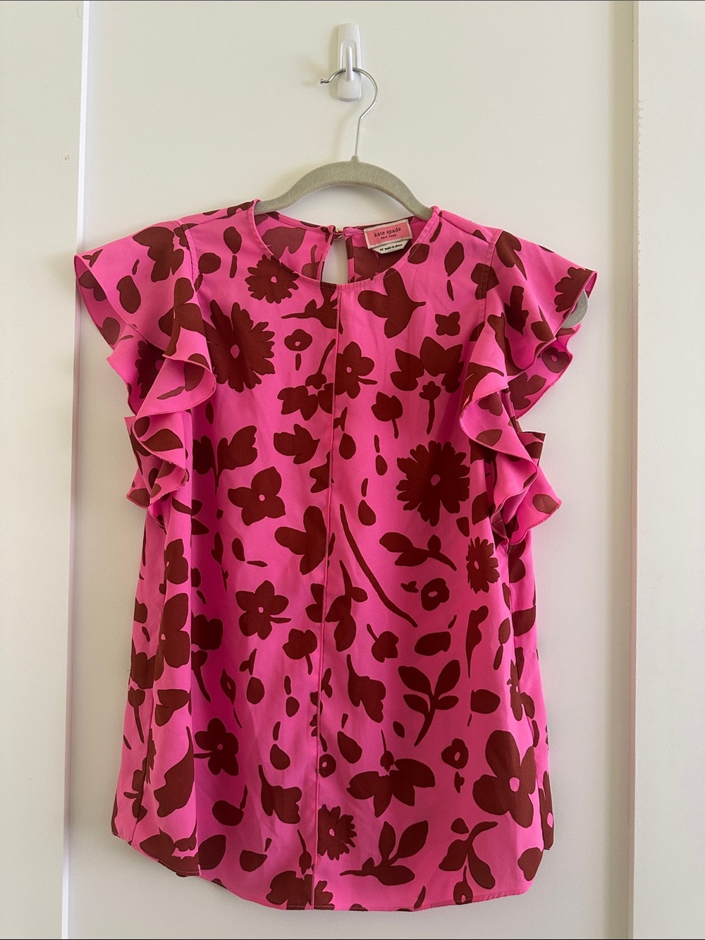 kate spade Hot Pink and Brown Floral Ruffle Sleeve Blouse